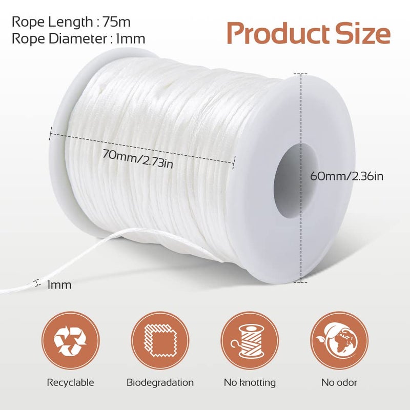 Promise Babe White Satin Rattail Cord for Necklace, 1mm Nylon Cord for Bracelets, 75m DIY Craft Supplies Line - Image 5